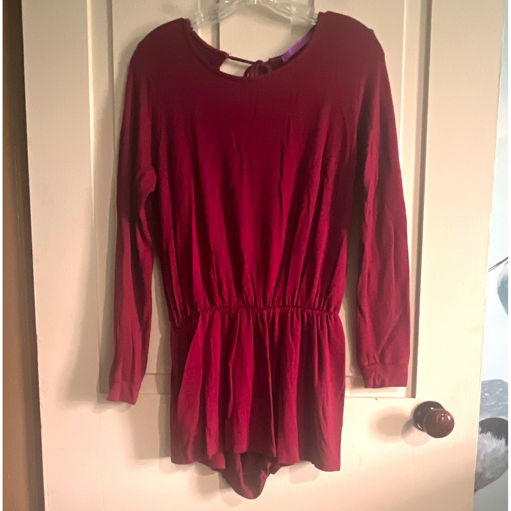 Jack by BB Dakota Women's Burgundy Romper S Long Sleeve Scoop Tie Rayon